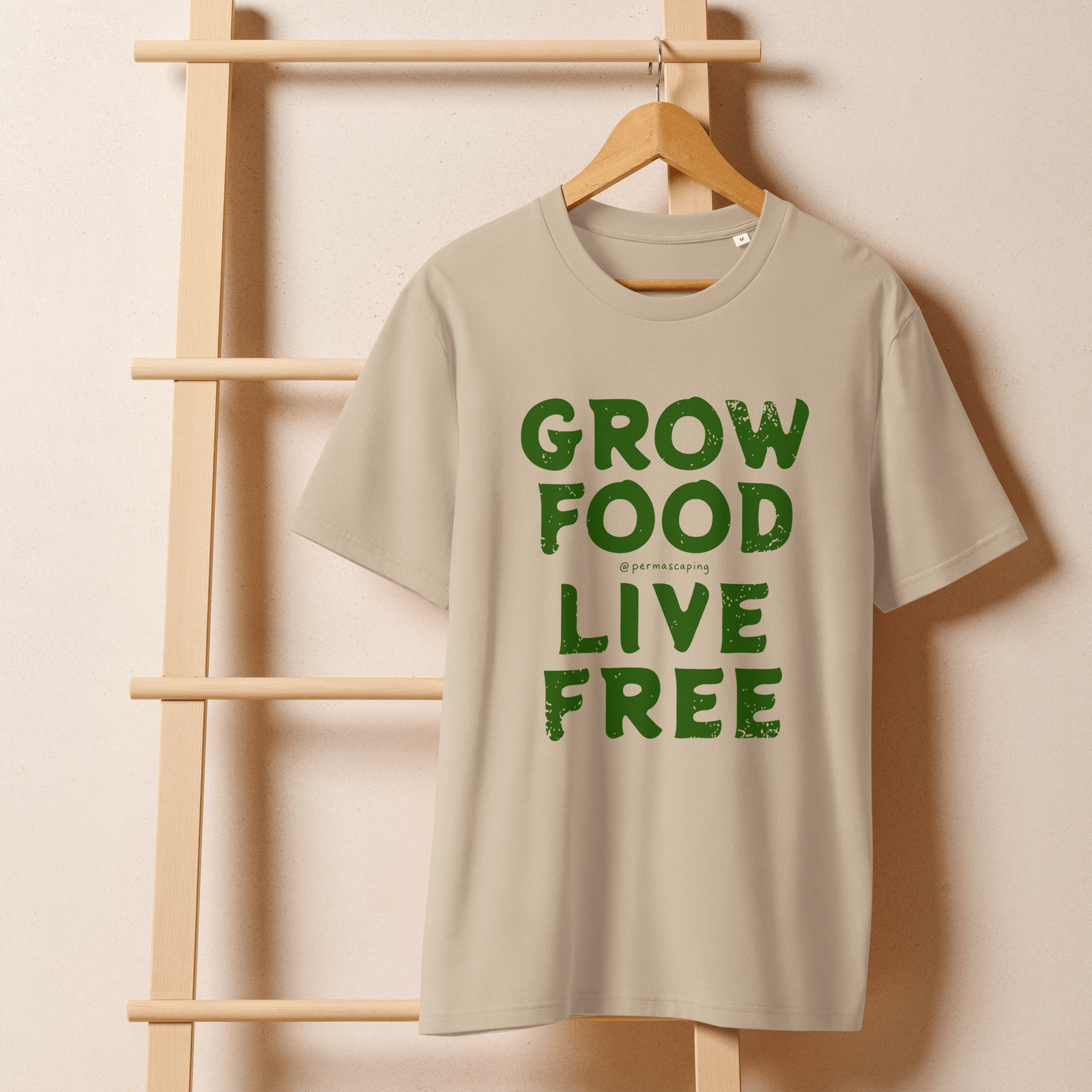 GROW FOOD LIVE FREE organic T-shirt in Desert Dust — Front view